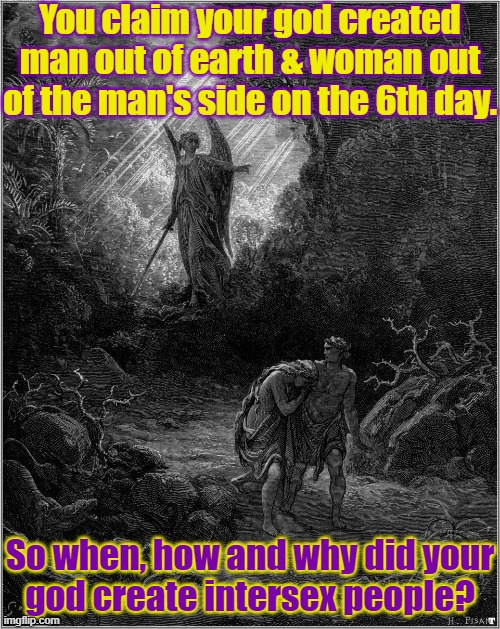 A question for any Christian who sees this. | You claim your god created man out of earth & woman out of the man's side on the 6th day. So when, how and why did your
god create intersex people? | image tagged in adam and eve leaving eden,creationism,intersex,religion | made w/ Imgflip meme maker