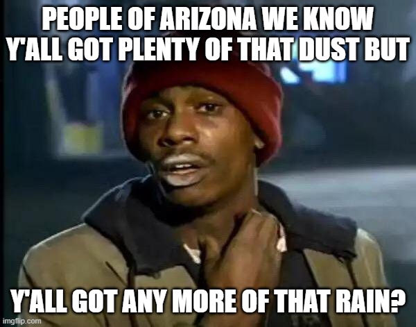 When Arizona Gives you Haboobs Turn It Into Rain | PEOPLE OF ARIZONA WE KNOW Y'ALL GOT PLENTY OF THAT DUST BUT; Y'ALL GOT ANY MORE OF THAT RAIN? | image tagged in memes,y'all got any more of that,rain,when az gives you haboobs turn it into rain | made w/ Imgflip meme maker