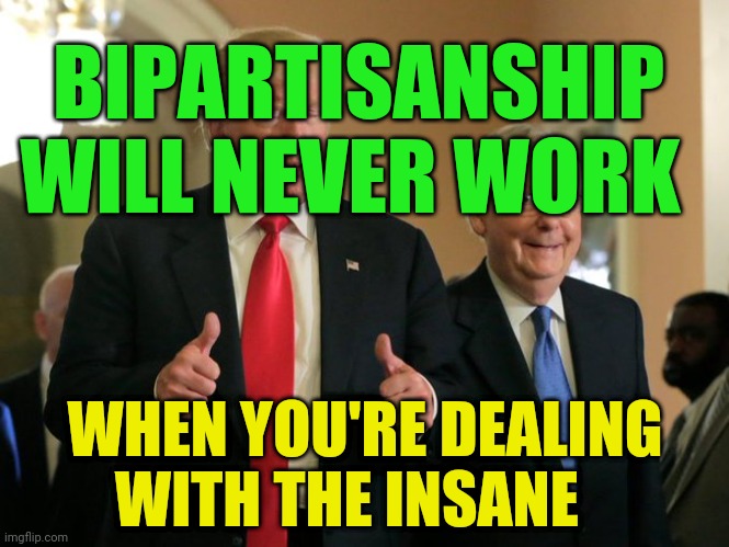 trump mcconnell | BIPARTISANSHIP WILL NEVER WORK; WHEN YOU'RE DEALING WITH THE INSANE | image tagged in trump mcconnell | made w/ Imgflip meme maker