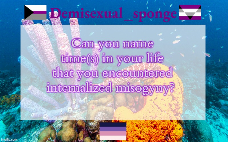 It's much more common than ppl think | Can you name time(s) in your life that you encountered internalized misogyny? | image tagged in demisexual_sponge's template 3,demisexual_sponge | made w/ Imgflip meme maker