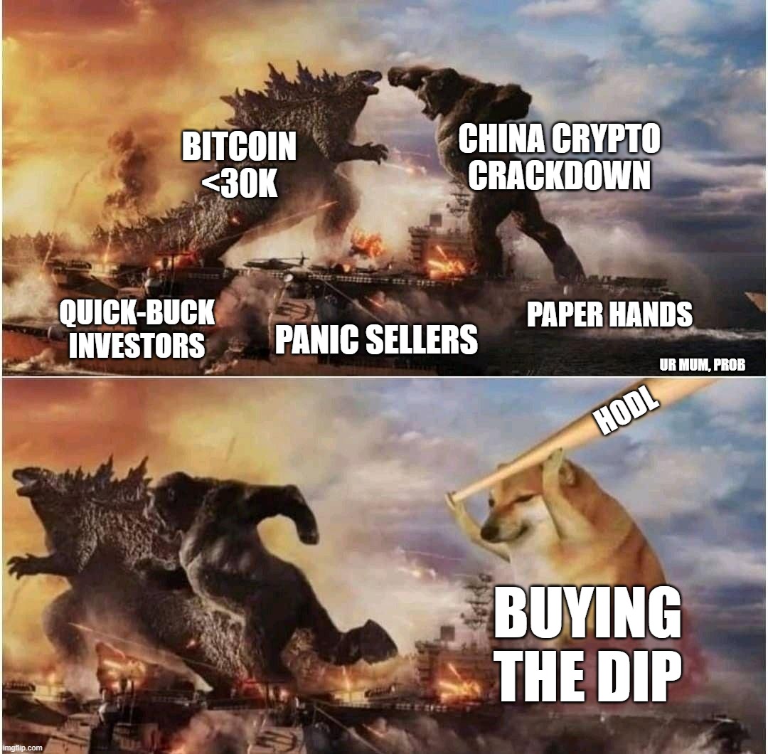 Kong Godzilla Doge | CHINA CRYPTO CRACKDOWN; BITCOIN
<30K; QUICK-BUCK
INVESTORS; PAPER HANDS; PANIC SELLERS; UR MUM, PROB; HODL; BUYING
THE DIP | image tagged in kong godzilla doge,dogecoin | made w/ Imgflip meme maker