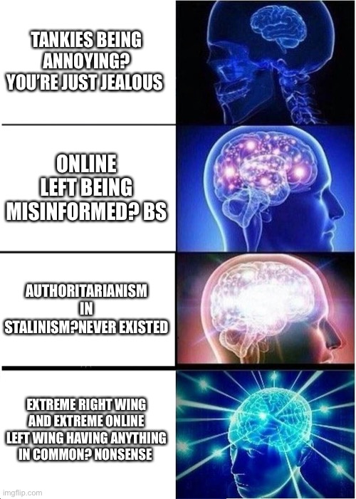 The audacity of too online left | TANKIES BEING ANNOYING? YOU’RE JUST JEALOUS; ONLINE LEFT BEING MISINFORMED? BS; AUTHORITARIANISM IN STALINISM?NEVER EXISTED; EXTREME RIGHT WING AND EXTREME ONLINE LEFT WING HAVING ANYTHING IN COMMON? NONSENSE | image tagged in memes,expanding brain | made w/ Imgflip meme maker