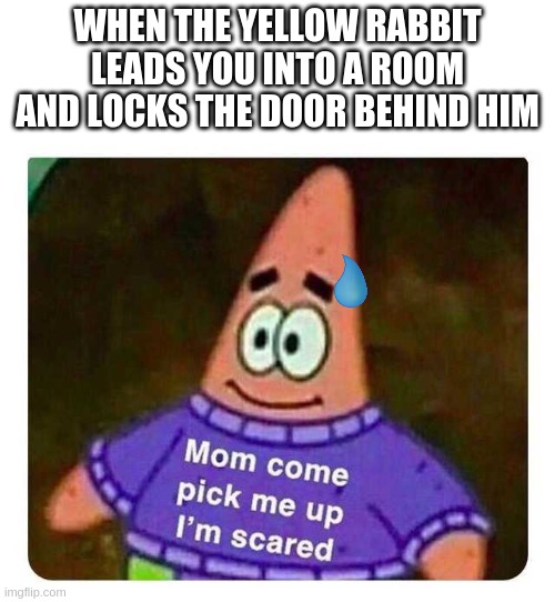 Patrick Mom come pick me up I'm scared | WHEN THE YELLOW RABBIT LEADS YOU INTO A ROOM AND LOCKS THE DOOR BEHIND HIM | image tagged in patrick mom come pick me up i'm scared | made w/ Imgflip meme maker