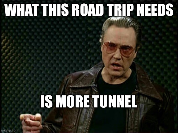 Walken Cowbell |  WHAT THIS ROAD TRIP NEEDS; IS MORE TUNNEL | image tagged in walken cowbell | made w/ Imgflip meme maker