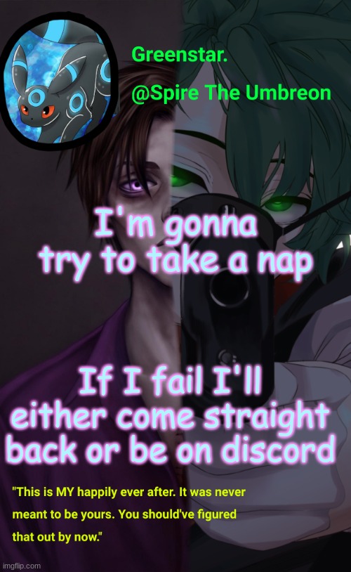 Villian Deku / Mike Afton temp | I'm gonna try to take a nap; If I fail I'll either come straight back or be on discord | image tagged in villian deku / mike afton temp | made w/ Imgflip meme maker