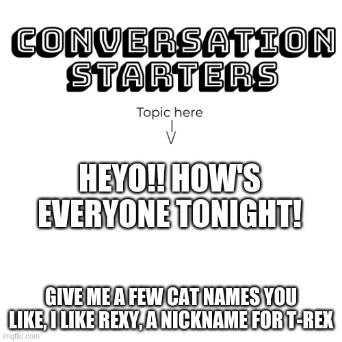 Insomnicat's conversation starters | HEYO!! HOW'S EVERYONE TONIGHT! GIVE ME A FEW CAT NAMES YOU LIKE, I LIKE REXY, A NICKNAME FOR T-REX | image tagged in insomnicat's conversation starters | made w/ Imgflip meme maker