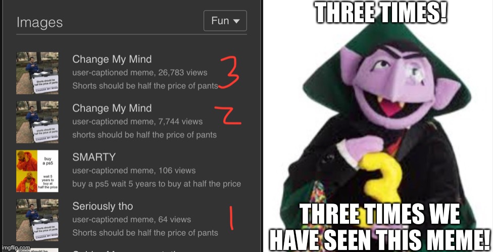 THREE TIMES! THREE TIMES WE HAVE SEEN THIS MEME! | image tagged in the count | made w/ Imgflip meme maker
