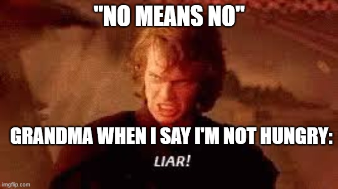 Anakin Liar | "NO MEANS NO"; GRANDMA WHEN I SAY I'M NOT HUNGRY: | image tagged in anakin liar | made w/ Imgflip meme maker