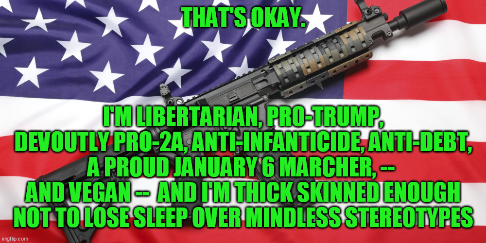 AR-15 and USA Flag | THAT'S OKAY. I'M LIBERTARIAN, PRO-TRUMP, DEVOUTLY PRO-2A, ANTI-INFANTICIDE, ANTI-DEBT, A PROUD JANUARY 6 MARCHER, -- 
AND VEGAN --  AND I'M  | image tagged in ar-15 and usa flag | made w/ Imgflip meme maker