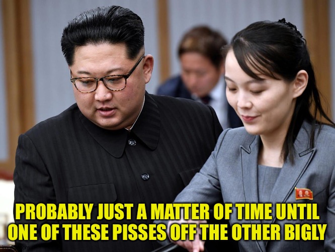 Sibling rivalry | PROBABLY JUST A MATTER OF TIME UNTIL ONE OF THESE PISSES OFF THE OTHER BIGLY | image tagged in kim jong un,kim yo jong | made w/ Imgflip meme maker