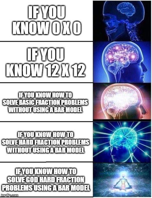 Maths | IF YOU KNOW 0 X 0; IF YOU KNOW 12 X 12; IF YOU KNOW HOW TO SOLVE BASIC FRACTION PROBLEMS WITHOUT USING A BAR MODEL; IF YOU KNOW HOW TO SOLVE HARD FRACTION PROBLEMS WITHOUT USING A BAR MODEL; IF YOU KNOW HOW TO SOLVE GOD HARD FRACTION PROBLEMS USING A BAR MODEL | image tagged in expanding brain 5 panel,maths | made w/ Imgflip meme maker