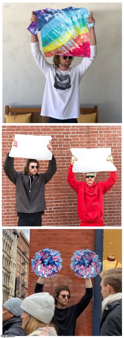 guy with sign | image tagged in sign guy,tie dye,rando,justin bieber,pom poms,pillow fight | made w/ Imgflip meme maker