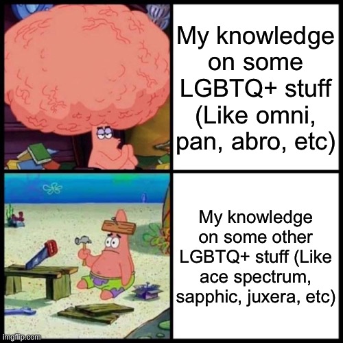 Patrick Big Brain vs small brain | My knowledge on some LGBTQ+ stuff (Like omni, pan, abro, etc); My knowledge on some other LGBTQ+ stuff (Like ace spectrum, sapphic, juxera, etc) | image tagged in patrick big brain vs small brain | made w/ Imgflip meme maker