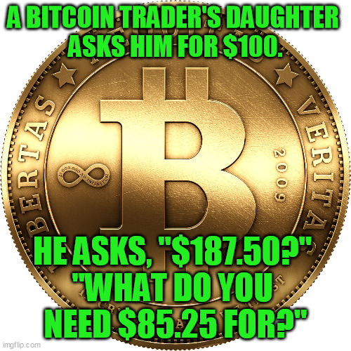 Volatility.  Lame, yet funny. | A BITCOIN TRADER'S DAUGHTER 
ASKS HIM FOR $100. HE ASKS, "$187.50?" 
"WHAT DO YOU 
NEED $85.25 FOR?" | image tagged in bitcoin,jokes | made w/ Imgflip meme maker