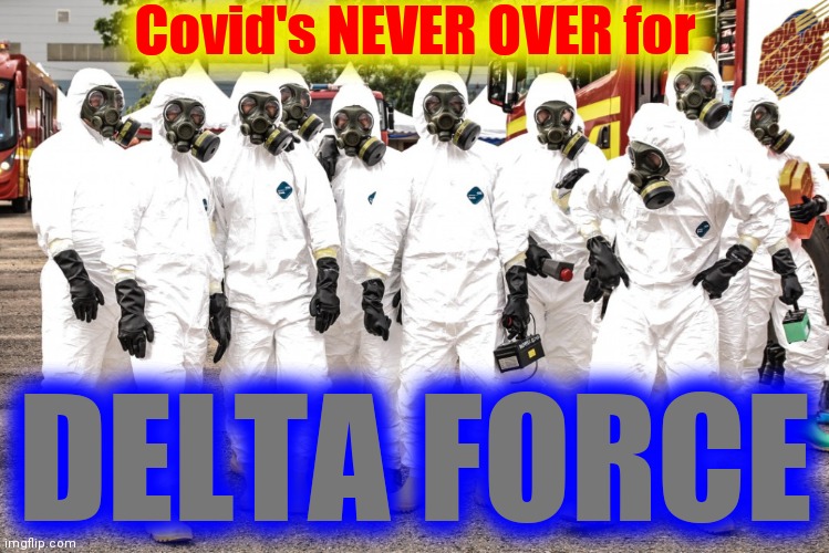 Hazmat suits | Covid's NEVER OVER for DELTA FORCE | image tagged in hazmat suits | made w/ Imgflip meme maker