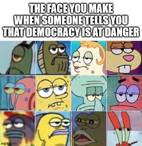 omg | THE FACE YOU MAKE WHEN SOMEONE TELLS YOU THAT DEMOCRACY IS AT DANGER | image tagged in sponge bob characters unimpressed,democracy,hypocrisy | made w/ Imgflip meme maker