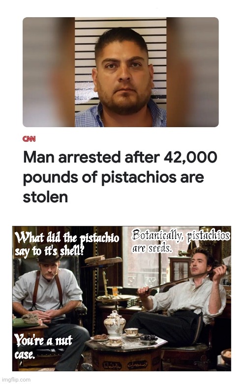 Pistachio Caper | image tagged in thief,seeds,holmes,watson,bad joke | made w/ Imgflip meme maker