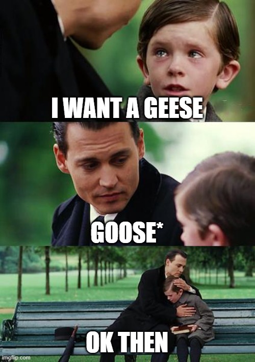 Just A Geese | I WANT A GEESE; GOOSE*; OK THEN | image tagged in memes,finding neverland | made w/ Imgflip meme maker