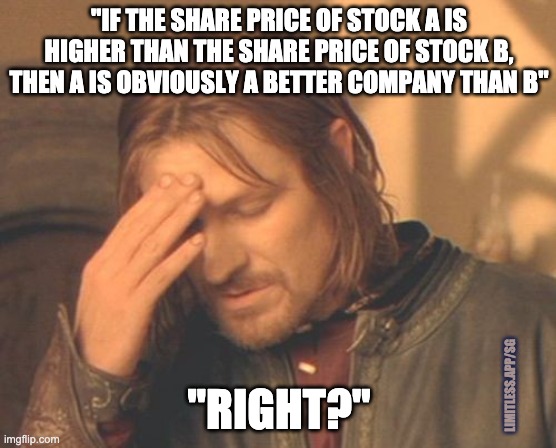 Frustrated Boromir |  "IF THE SHARE PRICE OF STOCK A IS HIGHER THAN THE SHARE PRICE OF STOCK B,
THEN A IS OBVIOUSLY A BETTER COMPANY THAN B"; "RIGHT?"; LIMITLESS.APP/SG | image tagged in memes,frustrated boromir | made w/ Imgflip meme maker