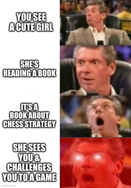 Cool Girls | YOU SEE A CUTE GIRL; SHE'S READING A BOOK; IT'S A BOOK ABOUT CHESS STRATEGY; SHE SEES YOU & CHALLENGES YOU TO A GAME | image tagged in mr mcmahon reaction | made w/ Imgflip meme maker