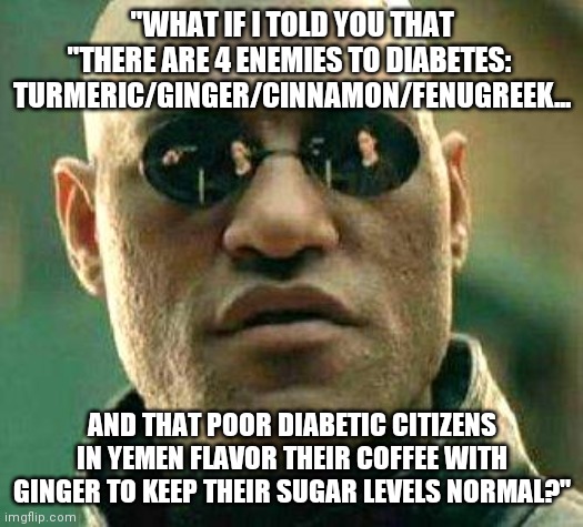 Diabetes is a fungal related auto immune disease.  Don't give the FDA and their evil doctors a gold toilet! | "WHAT IF I TOLD YOU THAT "THERE ARE 4 ENEMIES TO DIABETES:  TURMERIC/GINGER/CINNAMON/FENUGREEK... AND THAT POOR DIABETIC CITIZENS IN YEMEN FLAVOR THEIR COFFEE WITH GINGER TO KEEP THEIR SUGAR LEVELS NORMAL?" | image tagged in what if i told you,diabetes,not,death battle | made w/ Imgflip meme maker