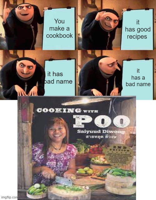 Can't have a worse cookbook title! | You make a cookbook; it has good recipes; it has a bad name; it has a bad name | image tagged in memes,gru's plan,cooking | made w/ Imgflip meme maker