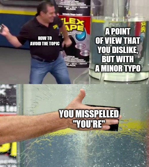 Flex Tape | A POINT OF VIEW THAT YOU DISLIKE, BUT WITH A MINOR TYPO YOU MISSPELLED "YOU'RE" HOW TO AVOID THE TOPIC | image tagged in flex tape | made w/ Imgflip meme maker