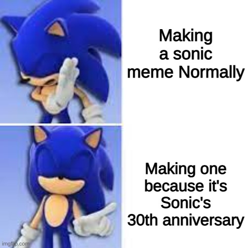 Happy 30th Anniversary!!! | Making a sonic meme Normally; Making one because it's Sonic's 30th anniversary | image tagged in sonic the hedgehog,happy birthday,gotta go fast,stop reading the tags | made w/ Imgflip meme maker