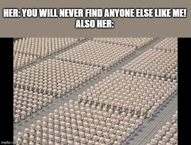 Clone army lego | HER: YOU WILL NEVER FIND ANYONE ELSE LIKE ME!
ALSO HER: | image tagged in clone army lego | made w/ Imgflip meme maker