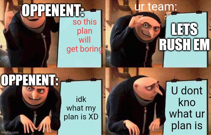 bedwars meme that your oppenent dont know and u kill them beds looool | ur team:; OPPENENT:; so this plan will get boring; LETS RUSH EM; OPPENENT:; idk what my plan is XD; U dont kno what ur plan is | image tagged in memes,gru's plan | made w/ Imgflip meme maker