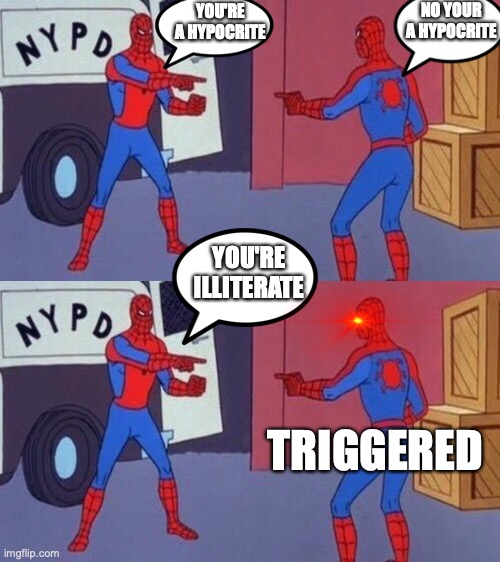 YOU'RE A HYPOCRITE NO YOUR A HYPOCRITE YOU'RE ILLITERATE TRIGGERED | image tagged in spiderman pointing at spiderman | made w/ Imgflip meme maker