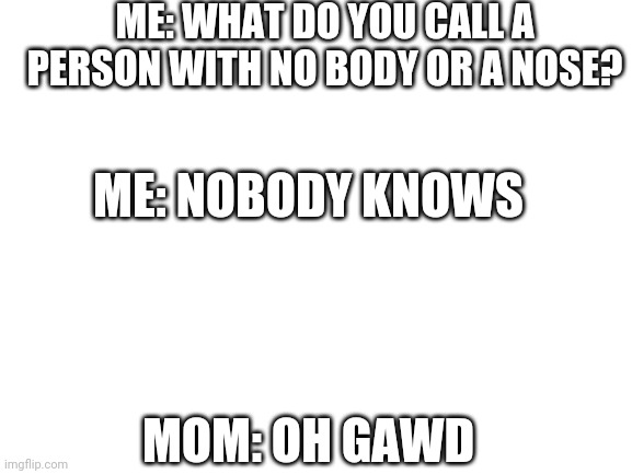 Blank White Template | ME: WHAT DO YOU CALL A PERSON WITH NO BODY OR A NOSE? ME: NOBODY KNOWS; MOM: OH GAWD | image tagged in blank white template | made w/ Imgflip meme maker