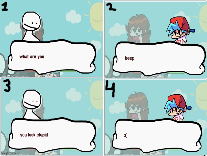 How i met Boyfriend, a little comic i made! | image tagged in memes,blank comic panel 2x2,comics,bob,funny,made by bob_fnf | made w/ Imgflip meme maker