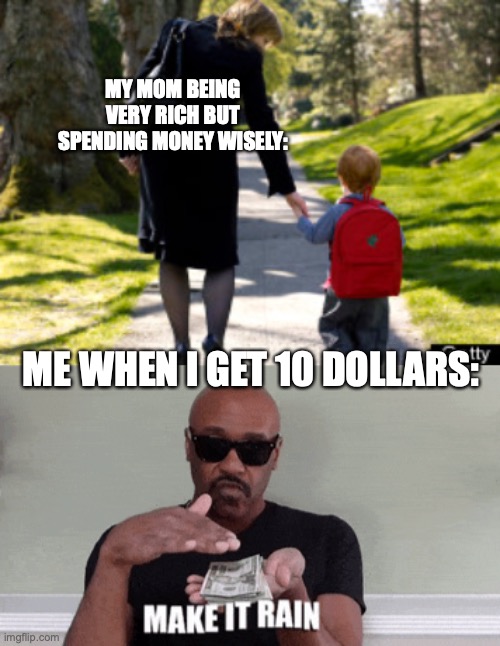 Make it Rain I guess | MY MOM BEING VERY RICH BUT SPENDING MONEY WISELY:; ME WHEN I GET 10 DOLLARS: | image tagged in make it rain,money,mom | made w/ Imgflip meme maker