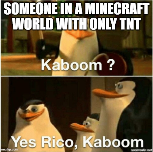 Kaboom? Yes Rico, Kaboom. |  SOMEONE IN A MINECRAFT WORLD WITH ONLY TNT | image tagged in kaboom yes rico kaboom | made w/ Imgflip meme maker