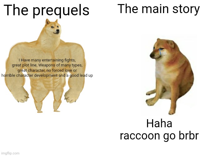 I haven't even started working on the main storyline yet | The prequels; The main story; I Have many entertaining fights, great plot line, Weapons of many types, great character, no forced love or horrible character development and a good lead up; Haha raccoon go brbr | image tagged in memes,buff doge vs cheems | made w/ Imgflip meme maker