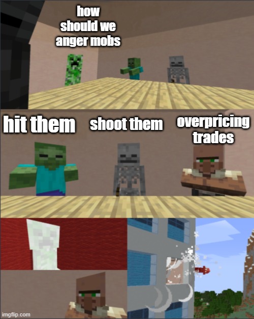 OVERPRICE CARROTS | how should we anger mobs; hit them; shoot them; overpricing trades | image tagged in minecraft boardroom meeting suggestion | made w/ Imgflip meme maker