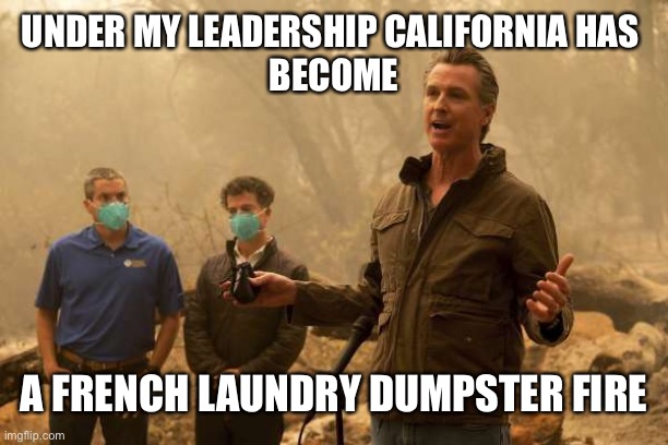 Gavin dumpster fire | UNDER MY LEADERSHIP CALIFORNIA HAS 
BECOME; A FRENCH LAUNDRY DUMPSTER FIRE | image tagged in gavin,california fires,dumpster fire,recall,french laundry | made w/ Imgflip meme maker