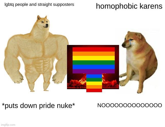 Buff Doge vs. Cheems | lgbtq people and straight supposters; homophobic karens; *puts down pride nuke*; NOOOOOOOOOOOOOO | image tagged in memes,buff doge vs cheems | made w/ Imgflip meme maker