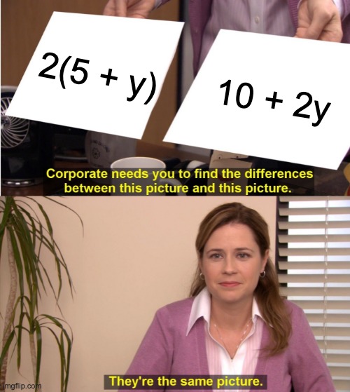 Distributive property |  2(5 + y); 10 + 2y | image tagged in memes,they're the same picture,math | made w/ Imgflip meme maker