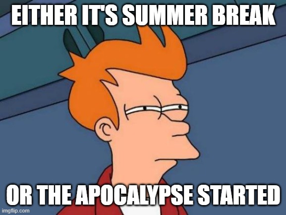 i mean it's just two of those when luck gets a going | EITHER IT'S SUMMER BREAK; OR THE APOCALYPSE STARTED | image tagged in memes,futurama fry | made w/ Imgflip meme maker