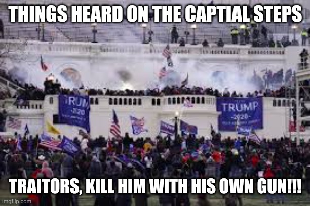 Capital Riot | THINGS HEARD ON THE CAPTIAL STEPS TRAITORS, KILL HIM WITH HIS OWN GUN!!! | image tagged in capital riot | made w/ Imgflip meme maker