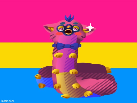 Pansexual l o n g f u r b y for partypoison1 | image tagged in pansexual,frying pan,furby | made w/ Imgflip meme maker
