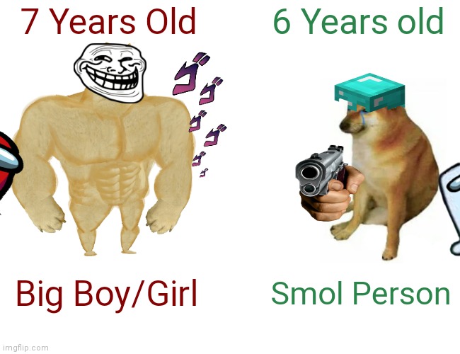 I REALIZED THIS, WHEN I WAS SEVEN I FELT SO BIG | 7 Years Old; 6 Years old; Big Boy/Girl; Smol Person | image tagged in memes,buff doge vs cheems | made w/ Imgflip meme maker