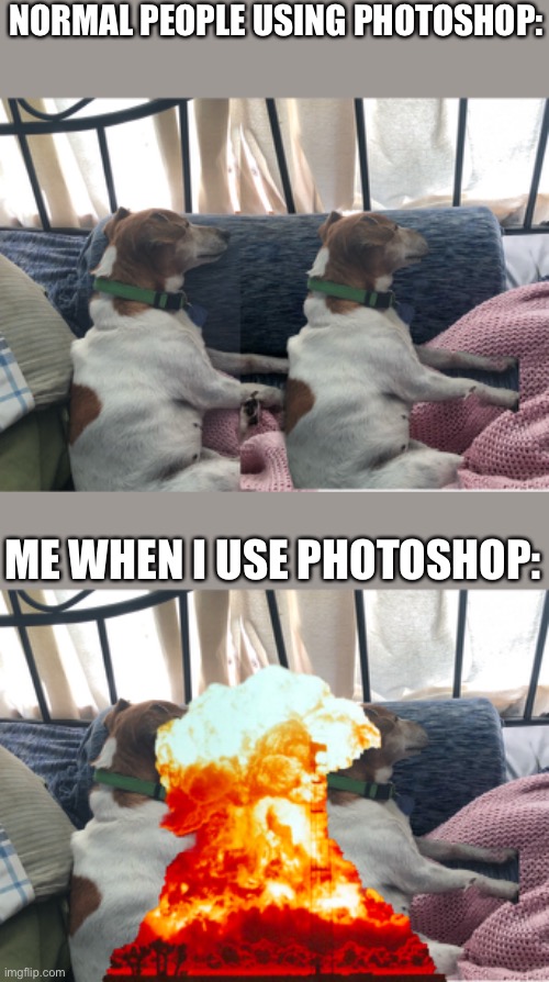 Please don’t repost this | NORMAL PEOPLE USING PHOTOSHOP:; ME WHEN I USE PHOTOSHOP: | image tagged in photoshop | made w/ Imgflip meme maker