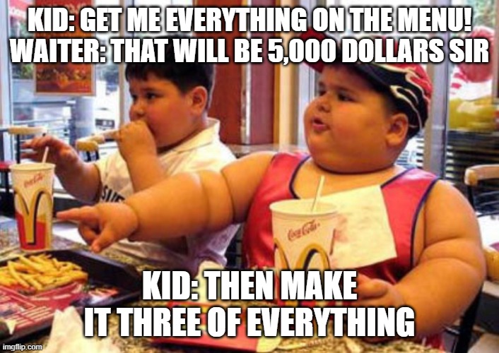 When you are rich at Mcdonalds | KID: GET ME EVERYTHING ON THE MENU! WAITER: THAT WILL BE 5,000 DOLLARS SIR; KID: THEN MAKE IT THREE OF EVERYTHING | image tagged in fat kids at mc donalds | made w/ Imgflip meme maker