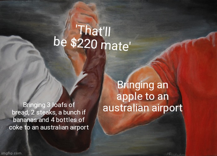 Epic Handshake | 'That'll be $220 mate'; Bringing an apple to an australian airport; Bringing 3 loafs of bread, 2 steaks, a bunch if bananas and 4 bottles of coke to an australian airport | image tagged in memes,epic handshake,australians,airport,food | made w/ Imgflip meme maker