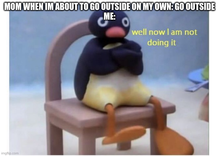 well now I am not doing it | MOM WHEN IM ABOUT TO GO OUTSIDE ON MY OWN: GO OUTSIDE
ME: | image tagged in well now i am not doing it | made w/ Imgflip meme maker