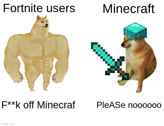 o-o | Fortnite users; Minecraft; F**k off Minecraf; PleASe noooooo | image tagged in memes,buff doge vs cheems | made w/ Imgflip meme maker