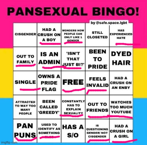 Again for pride month :] | image tagged in pansexual bingo,demisexual_sponge | made w/ Imgflip meme maker
